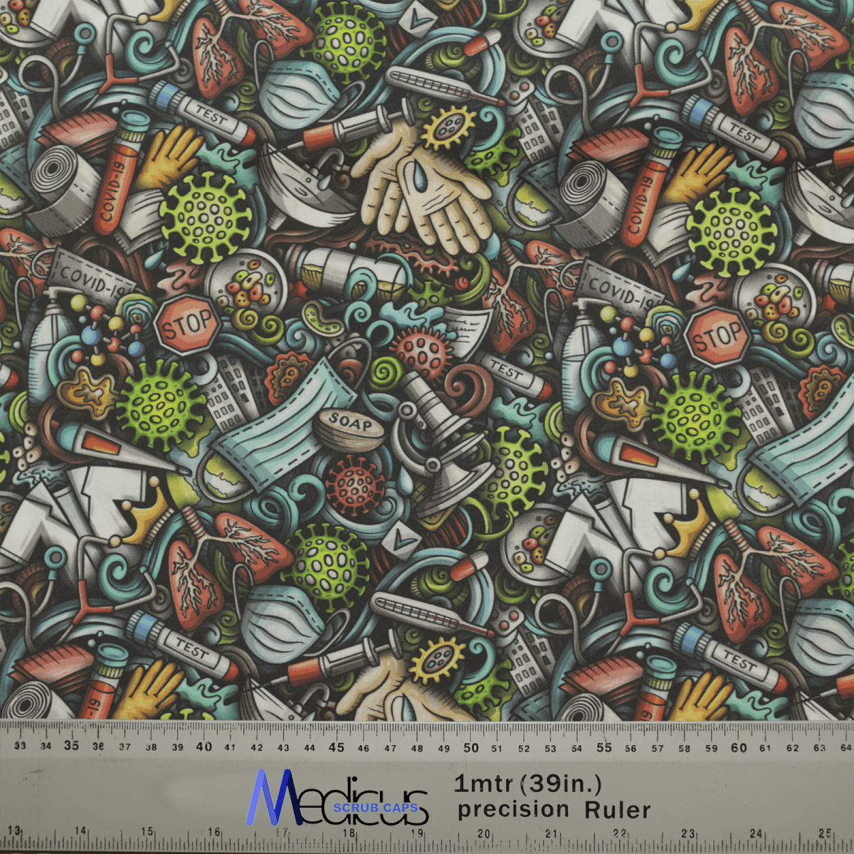 The Covid Graffiti Mashup Scrub Cap by Medicus Scrub Caps showcases colorful illustrations, including virus particles, masks, gloves, and sanitizer. Ideal for healthcare professionals, its dense design includes a scale ruler at the bottom.