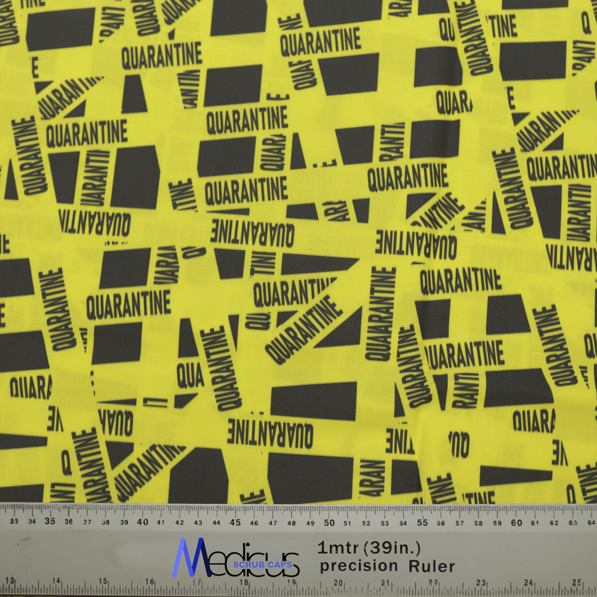 The Covid Quarantine Tape Scrub Cap by Medicus Scrub Caps features bold black "QUARANTINE" text on a vivid yellow background, resembling quarantine tape. Ruler included for precision.