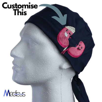 Side view of a mannequin in Medicus Scrub Caps high-quality custom scrub cap, showcasing two embroidered pink smiling cartoon kidneys with an arrow and Customise This text.