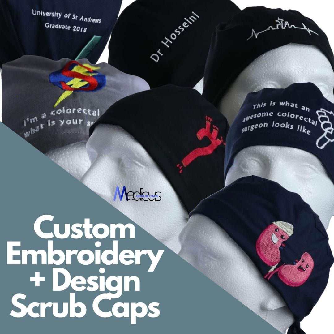 Medicus Scrub Caps presents custom embroidered scrub caps crafted from premium cotton in dark hues, featuring unique designs like university motifs, superhero logos, and humorous text. The bottom left corner reads Custom Embroidery + Design Scrub Caps on a light green background.