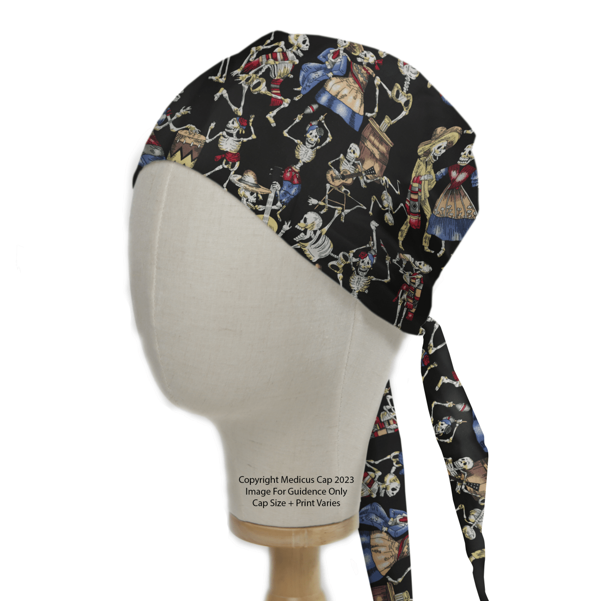 Side view of a Medicus Scrub Caps mannequin head showcasing the Day Of The Dead Dancing Skeletons scrub cap in black, adorned with vibrant skeletons dancing in celebration.