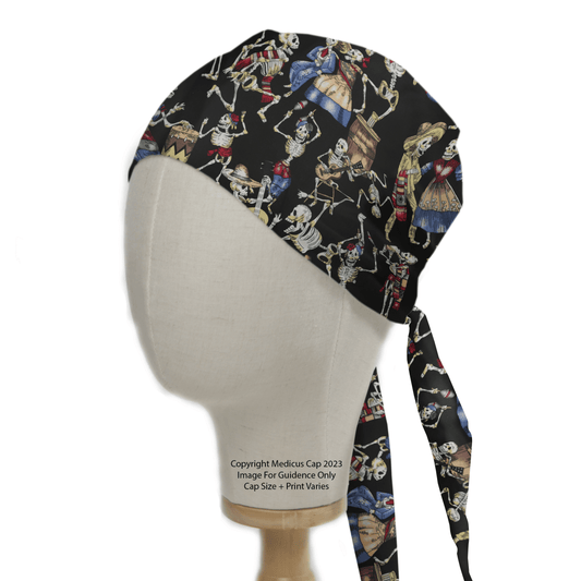 Side view of a Medicus Scrub Caps mannequin head showcasing the Day Of The Dead Dancing Skeletons scrub cap in black, adorned with vibrant skeletons dancing in celebration.