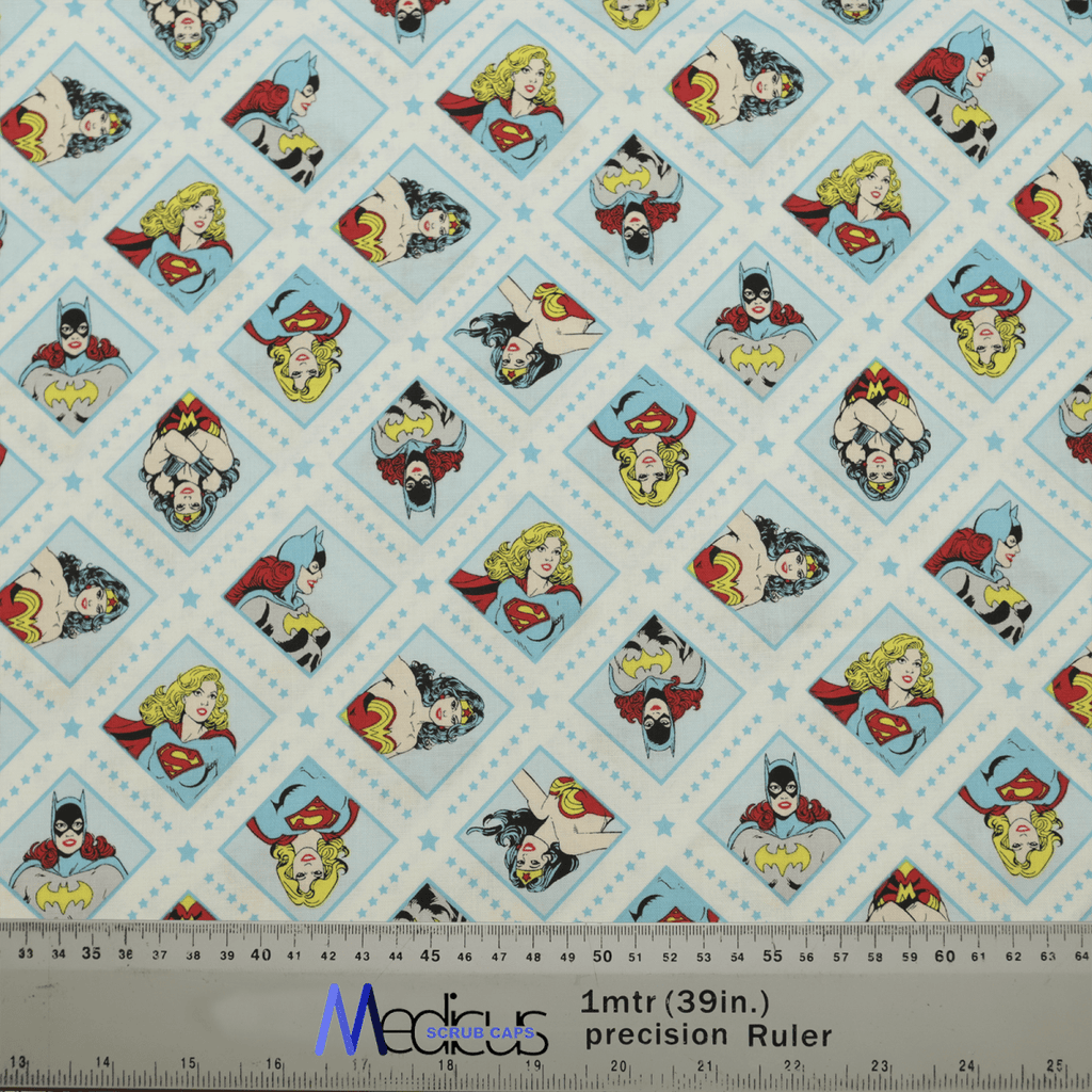 The DC Comic Super Women Superheroes Scrub Cap by Medicus Scrub Caps features a comic-style pattern with vibrant panels and star borders. A transparent ruler shows its size in inches and centimeters, encouraging eco-friendly choices. Perfect for adding a superhero touch to your work gear.