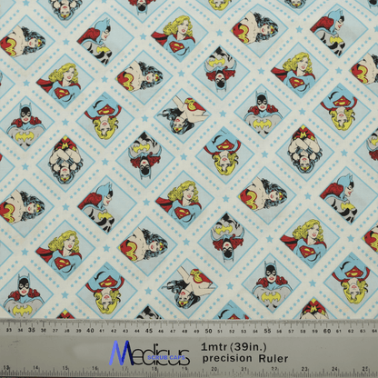 The DC Comic Super Women Superheroes Scrub Cap by Medicus Scrub Caps features a comic-style pattern with vibrant panels and star borders. A transparent ruler shows its size in inches and centimeters, encouraging eco-friendly choices. Perfect for adding a superhero touch to your work gear.