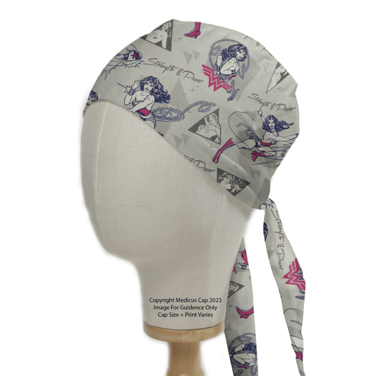 The Medicus Scrub Caps DC Comic Wonder Woman Strength and Power Scrub Cap features cartoon-style illustrations of Wonder Woman with a shield and rope on a grey background with pink and blue accents, ideal for healthcare professionals seeking inspiration.