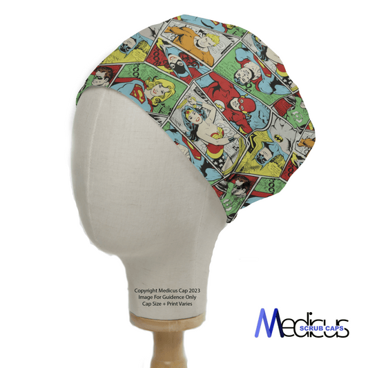 A mannequin head showcases the DC Comics Superheroes Colour Comic Scrub Cap by Medicus Scrub Caps, featuring vibrant superhero poses ideal for healthcare professionals. The brands logo elegantly adorns the bottom right, blending style and function seamlessly.