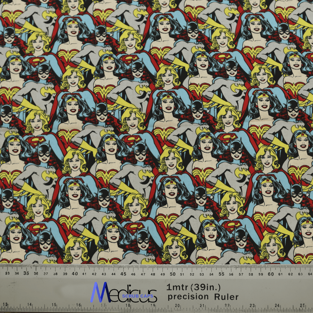 The DC Super Women Girl Batgirl Crowd Scrub Cap from Medicus Scrub Caps features Wonder Woman, Batgirl, and Supergirl fabric, measured at one meter (39 inches).
