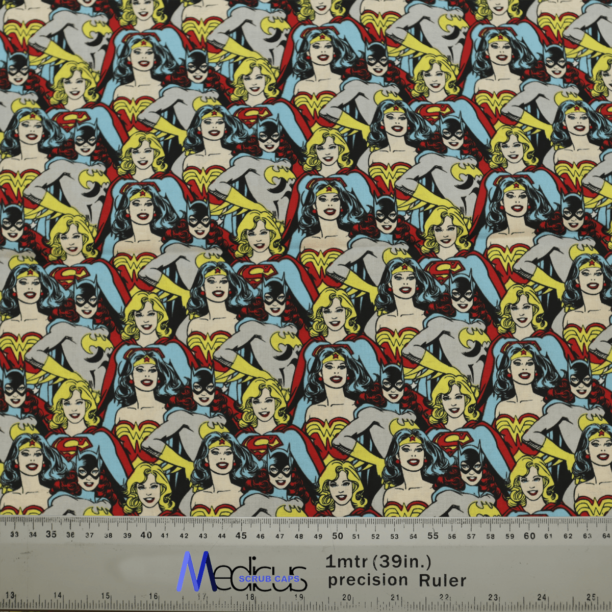 The DC Super Women Girl Batgirl Crowd Scrub Cap from Medicus Scrub Caps features Wonder Woman, Batgirl, and Supergirl fabric, measured at one meter (39 inches).
