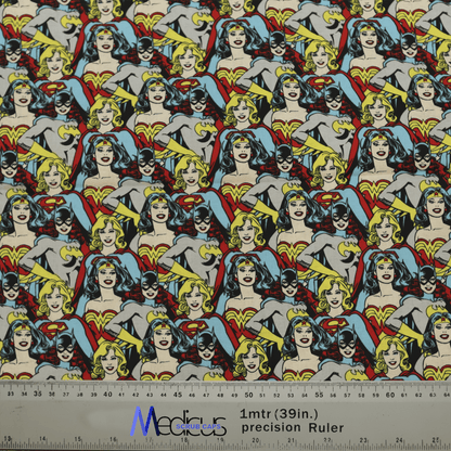 The DC Super Women Girl Batgirl Crowd Scrub Cap from Medicus Scrub Caps features Wonder Woman, Batgirl, and Supergirl fabric, measured at one meter (39 inches).