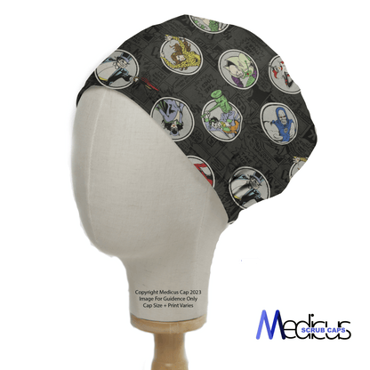 A mannequin head showcases the DC Universe Character Circles Black Scrub Cap by Medicus Scrub Caps, featuring a seamless fit and dark fabric with various superheroes in circular designs. Perfect for healthcare professionals, the Medicus logo adorns one corner.