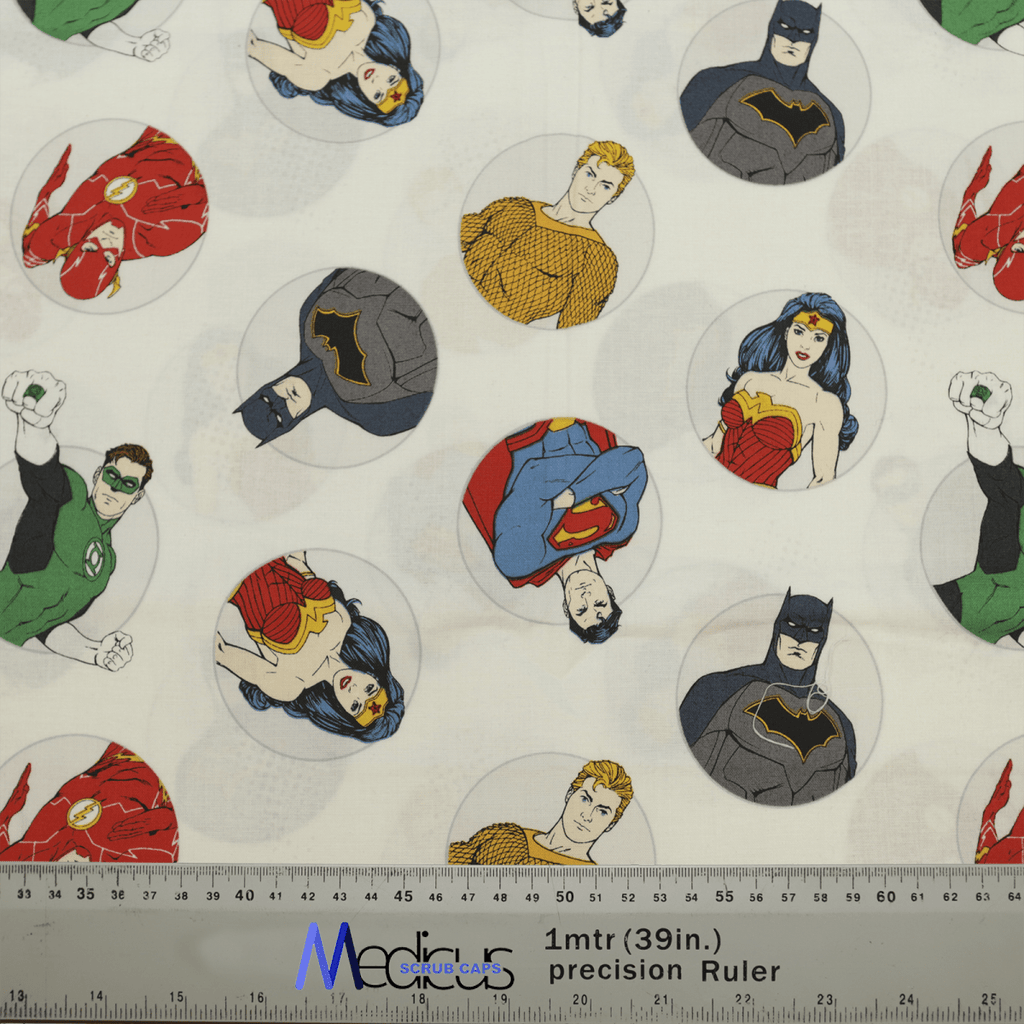 DC Universe Character Circles White Scrub Cap from Medicus Scrub Caps, featuring Batman, Superman, Wonder Woman, and more on a white background.