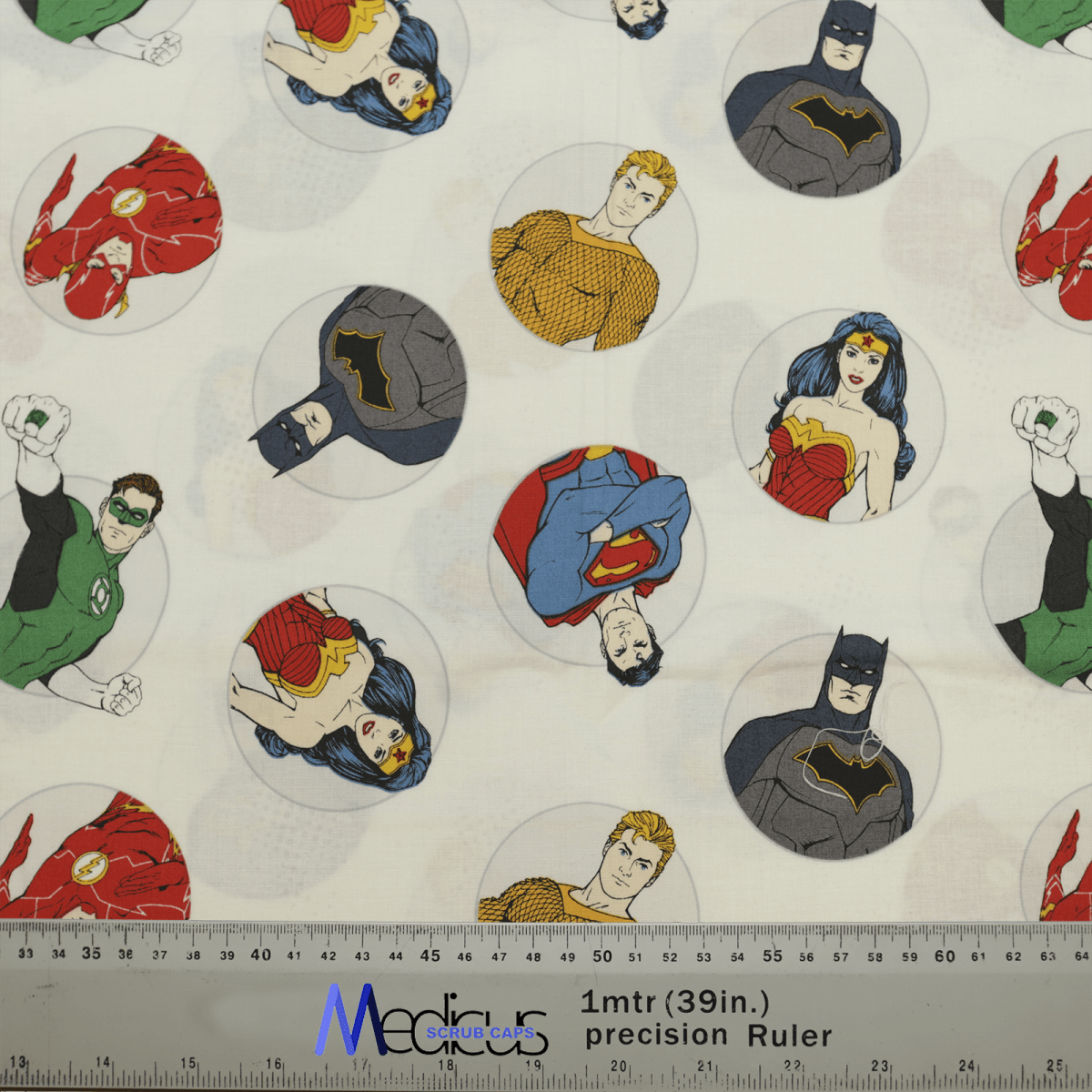 DC Universe Character Circles White Scrub Cap from Medicus Scrub Caps, featuring Batman, Superman, Wonder Woman, and more on a white background.