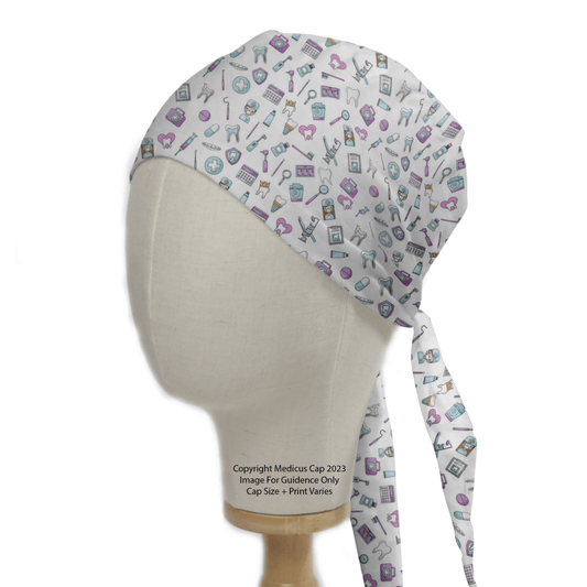 A Medicus Scrub Caps mannequin head showcases the Dental Kawaii Scrub Cap on a white backdrop, featuring colorful medical-themed icons like stethoscopes, syringes, and hearts. The cap ties at the back for comfort and includes text indicating copyright.