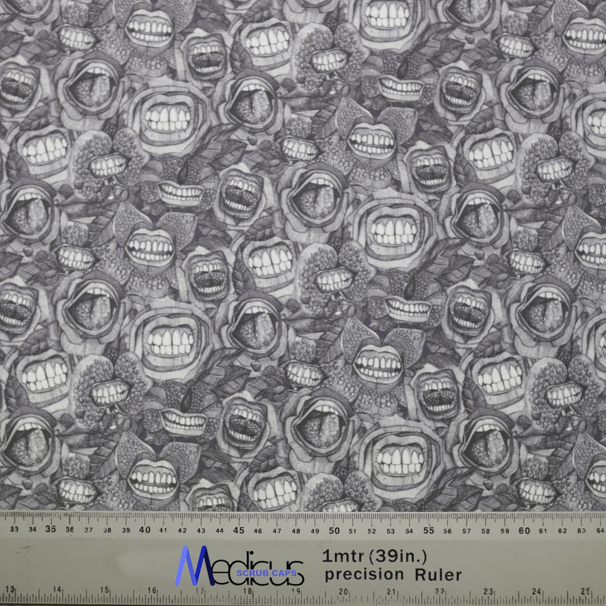 The Dental Mouth Teeth Scary Scrub Cap by Medicus Scrub Caps features a black and white pattern of open mouths with teeth on a textured background. Ideal for dentistry designs or creepy scrub caps, it includes a scale ruler in inches and centimeters at the bottom.