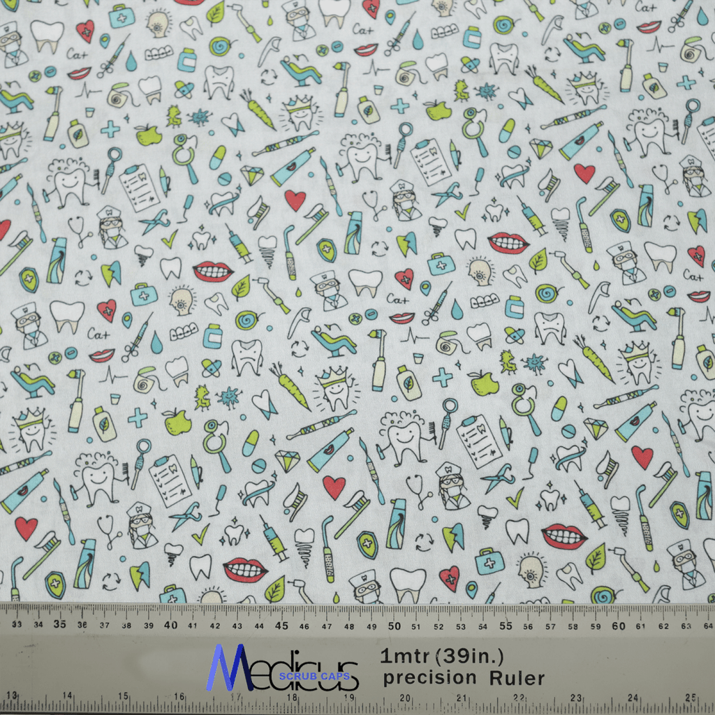 The Medicus Scrub Caps Dental Teeth Dentist Mash Up scrub cap is ideal with its dental-themed designs, featuring toothbrushes, toothpaste, floss, dental tools, and hearts. A convenient ruler at the bottom measures in centimeters and inches.