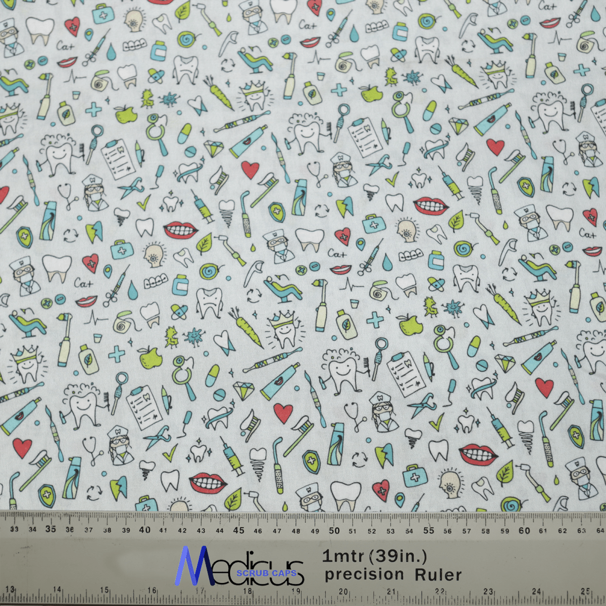 The Medicus Scrub Caps Dental Teeth Dentist Mash Up scrub cap is ideal with its dental-themed designs, featuring toothbrushes, toothpaste, floss, dental tools, and hearts. A convenient ruler at the bottom measures in centimeters and inches.