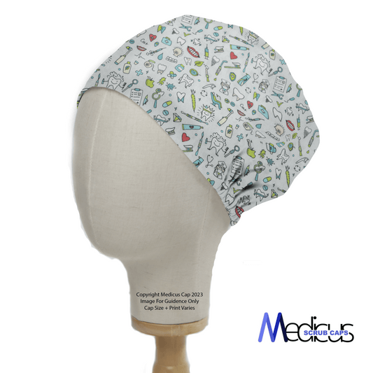 A mannequin head wears the Dental Teeth Dentist Mash Up Scrub Cap from Medicus Scrub Caps, featuring a vibrant medical-themed design for added healthcare style, with the brand logo elegantly displayed.