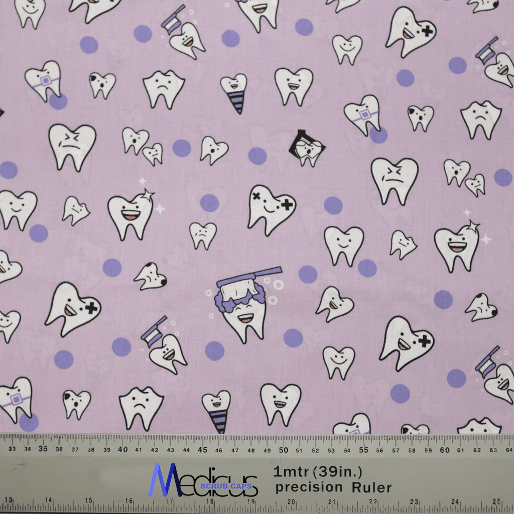 The Dentist Happy Teeth Purple Scrub Cap by Medicus Scrub Caps features patterned fabric with cartoon teeth displaying various expressions, like smiling and angry, on a radiant smiles backdrop with small polka dots. A ruler at the bottom shows measurements in inches and centimeters.