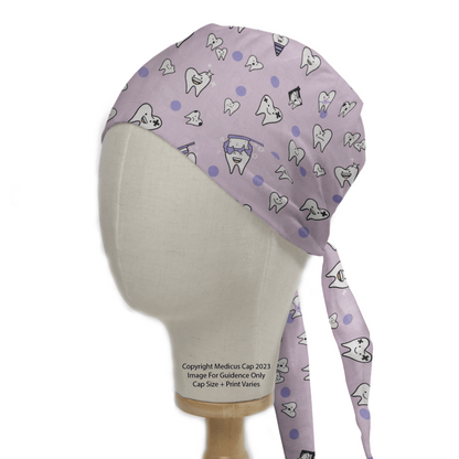 The Dentist Happy Teeth Purple Scrub Cap by Medicus Scrub Caps, seen on a mannequin head against a white background, features cartoon teeth and dental icons. With its neatly tied back, this cap is perfect for any dentists office to showcase radiant smiles.