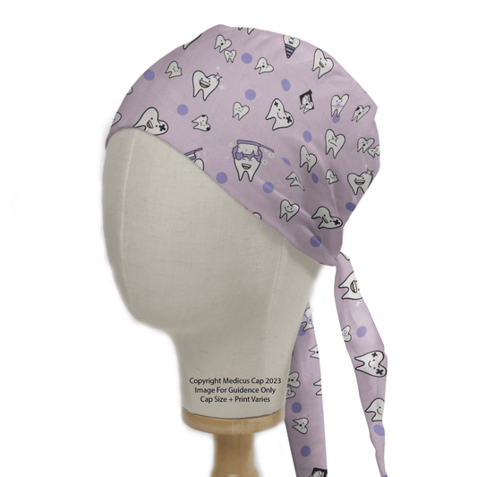 The Dentist Happy Teeth Purple Scrub Cap by Medicus Scrub Caps, seen on a mannequin head against a white background, features cartoon teeth and dental icons. With its neatly tied back, this cap is perfect for any dentists office to showcase radiant smiles.