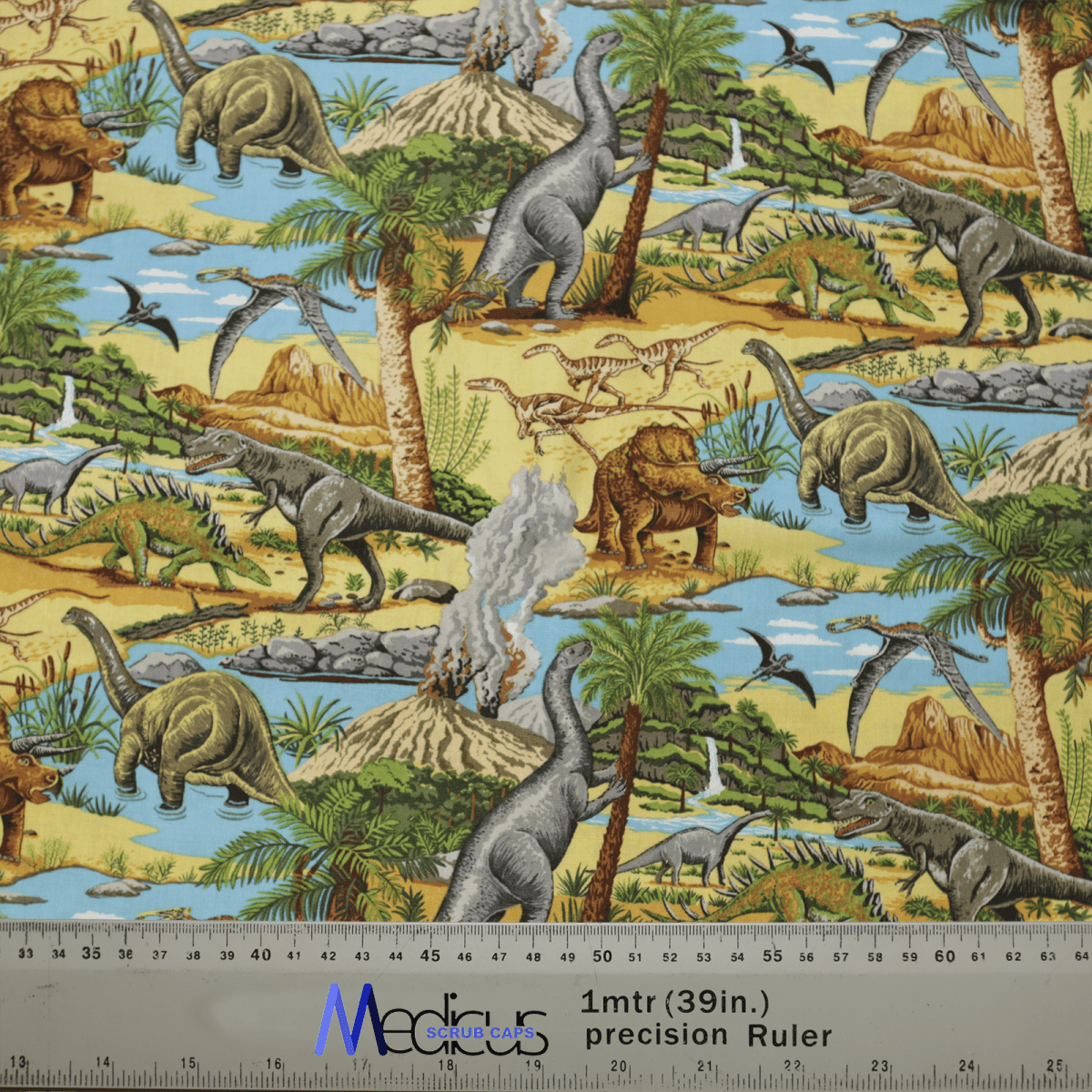The Dinosaurs Lost In Time #1 Scrub Cap by Medicus Scrub Caps features a vibrant design with dinosaurs, volcanoes, and prehistoric landscapes. Includes ruler for scale.
