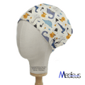 A mannequin head models a whimsical Dinosaurs Purple Blue Orange Scrub Cap with geometric patterns, perfect for healthcare professionals. It covers the head and part of the forehead, featuring Medicus Scrub Caps subtly printed at the bottom right for an adventurous touch.