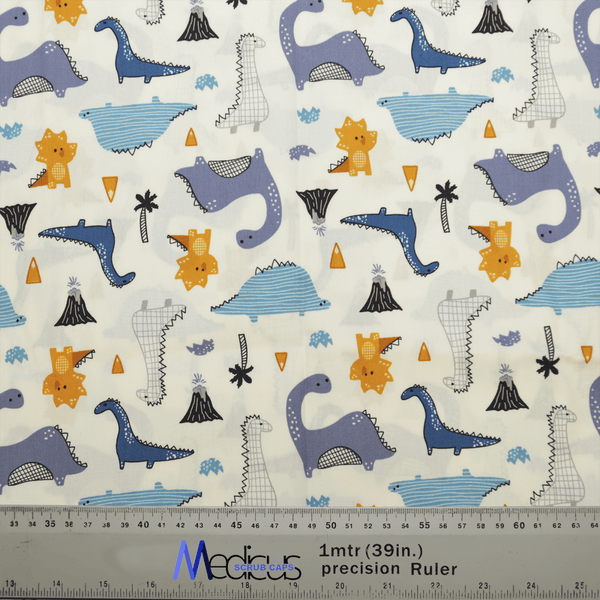 The Dinosaurs Purple Blue Orange Scrub Cap by Medicus Scrub Caps features cartoon dinosaurs, volcanoes, and trees in blue, yellow, and white. Its ideal for adding a Prehistoric Adventure touch to healthcare settings, with a ruler at the bottom showing measurements in inches and centimeters.