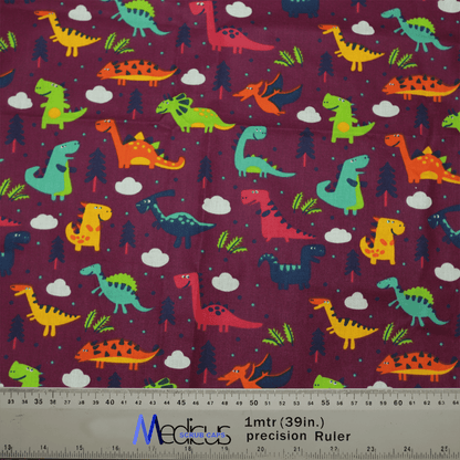 The Medicus Scrub Caps’ Dinosaurs Purple Scrub Cap is adorned with green, orange, and blue dinosaur illustrations on a purple backdrop featuring clouds and trees. It includes a ruler with inch and centimeter measurements, making it ideal for healthcare professionals who love paleontology.