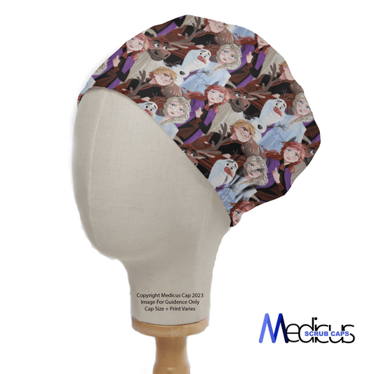 The Disney Frozen Crowd Scrub Cap by Medicus Scrub Caps is displayed on a mannequin, featuring vibrant animated characters and reindeer in playful poses. Ideal for healthcare professionals, the cap is set against a plain white background with the Medicus Scrub Caps logo at the bottom.