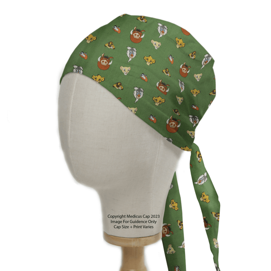 The Disney Lion King #2 Scrub Cap by Medicus Scrub Caps features a green design with cartoon animals like bears and raccoons, adding Lion King charm to the clinical setting. It includes a convenient back tie for easy adjustment.