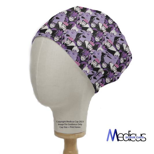 A mannequin head wears a Medicus Scrub Cap featuring a purple Disney Villains pattern with masked characters. This stylish accessory is ideal for healthcare professionals and displays the Medicus Scrub Caps logo in the bottom right corner.