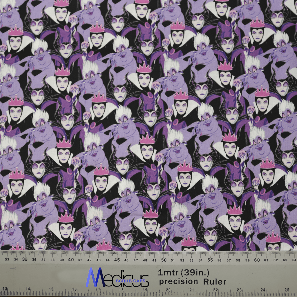 The Disney Villains Scrub Cap by Medicus features fabric with a crowned Disney villain in purple clothing, showcasing various expressions. A ruler at the bottom indicates size, making it ideal for adding character to healthcare professionals attire.