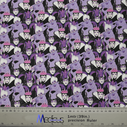 The Disney Villains Scrub Cap by Medicus features fabric with a crowned Disney villain in purple clothing, showcasing various expressions. A ruler at the bottom indicates size, making it ideal for adding character to healthcare professionals attire.