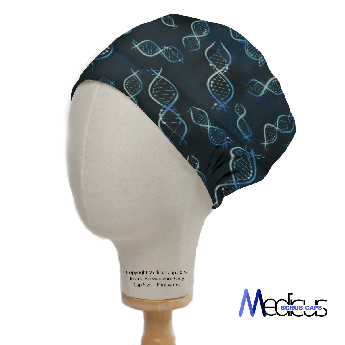 A mannequin head wears the DNA Science Scrub Cap with a vibrant blue and green DNA helix pattern on a dark backdrop, signifying Genetic Exploration. The name Medicus Scrub Caps is elegantly displayed in the corner.