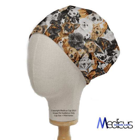 A mannequin head sports the Medicus Scrub Caps Dog Starring Group Photo scrub cap, displaying vibrant dog breeds. Designed for comfort and convenience with detailed faces, it features the eco-friendly and sustainable Medicus logo in the bottom right.