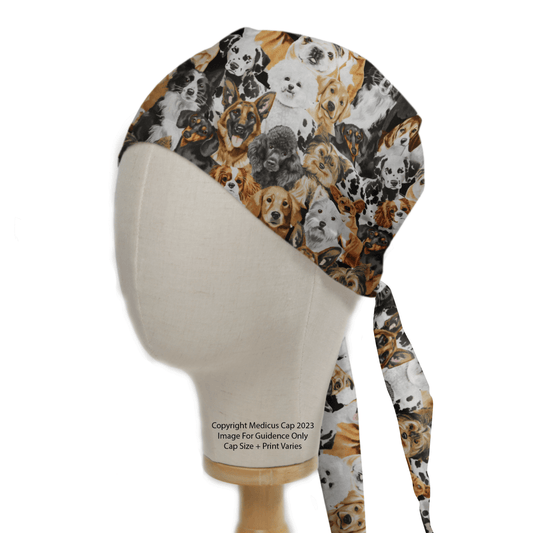 A mannequin head showcases the eco-friendly Dog Starring Group Photo Scrub Cap by Medicus Scrub Caps, featuring a vivid pattern of pugs, bulldogs, and dalmatians. Crafted from sustainable materials, it promises comfort and convenience for every wearer.