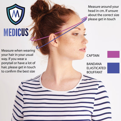 A red-haired woman in a striped shirt measures her forehead with a purple line. The text provides sizing guidance for scrub caps and headwear, emphasizing the sustainable Medicus Scrub Caps, including the Dogs British Bulldog Scrub Cap from the Captain and Bandana Elasticated Bouffant collection.