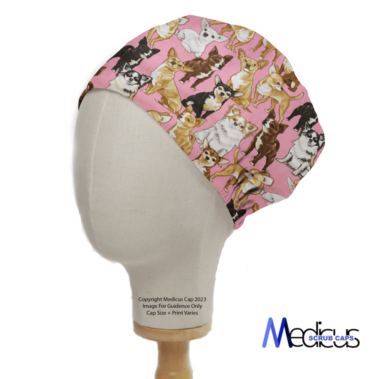 A mannequin head sports a Medicus Scrub Caps Dogs Chihuahua Pink Scrub Cap, featuring playful dog illustrations including charming Chihuahuas. This eco-friendly scrub cap is designed for sustainability.