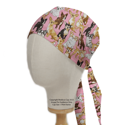 A mannequin showcases the eco-friendly Medicus Scrub Caps’ Dogs Chihuahua Pink Scrub Cap, adorned with playful illustrations of chihuahuas and other small dog breeds.