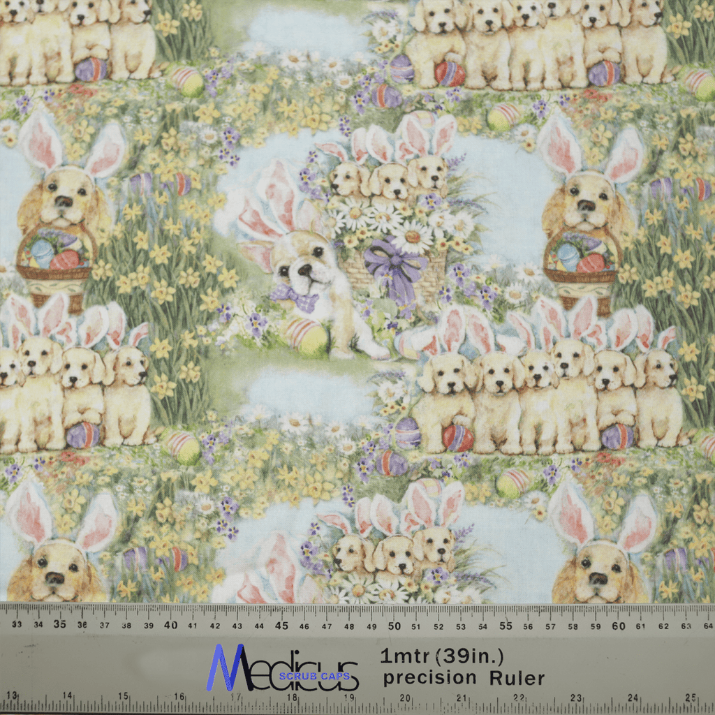 The Dogs Easter Bunnies Scrub Cap by Medicus Scrub Caps showcases golden retriever puppies with bunny ears among flowers and Easter baskets. A ruler with inches and centimeters adds scale, ideal for healthcare workers seeking a whimsical touch.