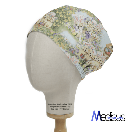 A mannequin head showcases a Dogs Easter Bunnies Scrub Cap with cartoon bunnies, greenery, and flowers on a light floral background. Ideal for healthcare workers, it features Medicus Scrub Caps at the bottom right.
.