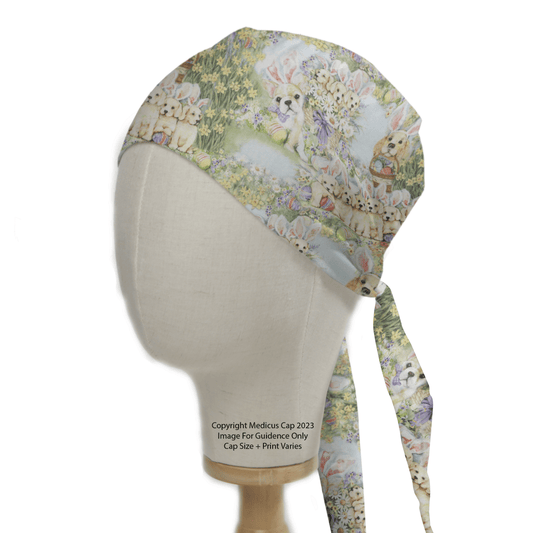 The Medicus Scrub Caps Dogs Easter Bunnies scrub cap, showcased on a mannequin head, features playful Easter bunnies among flowers. Its long tail drapes elegantly down the neck, offering healthcare workers a vibrant touch of festive cheer.