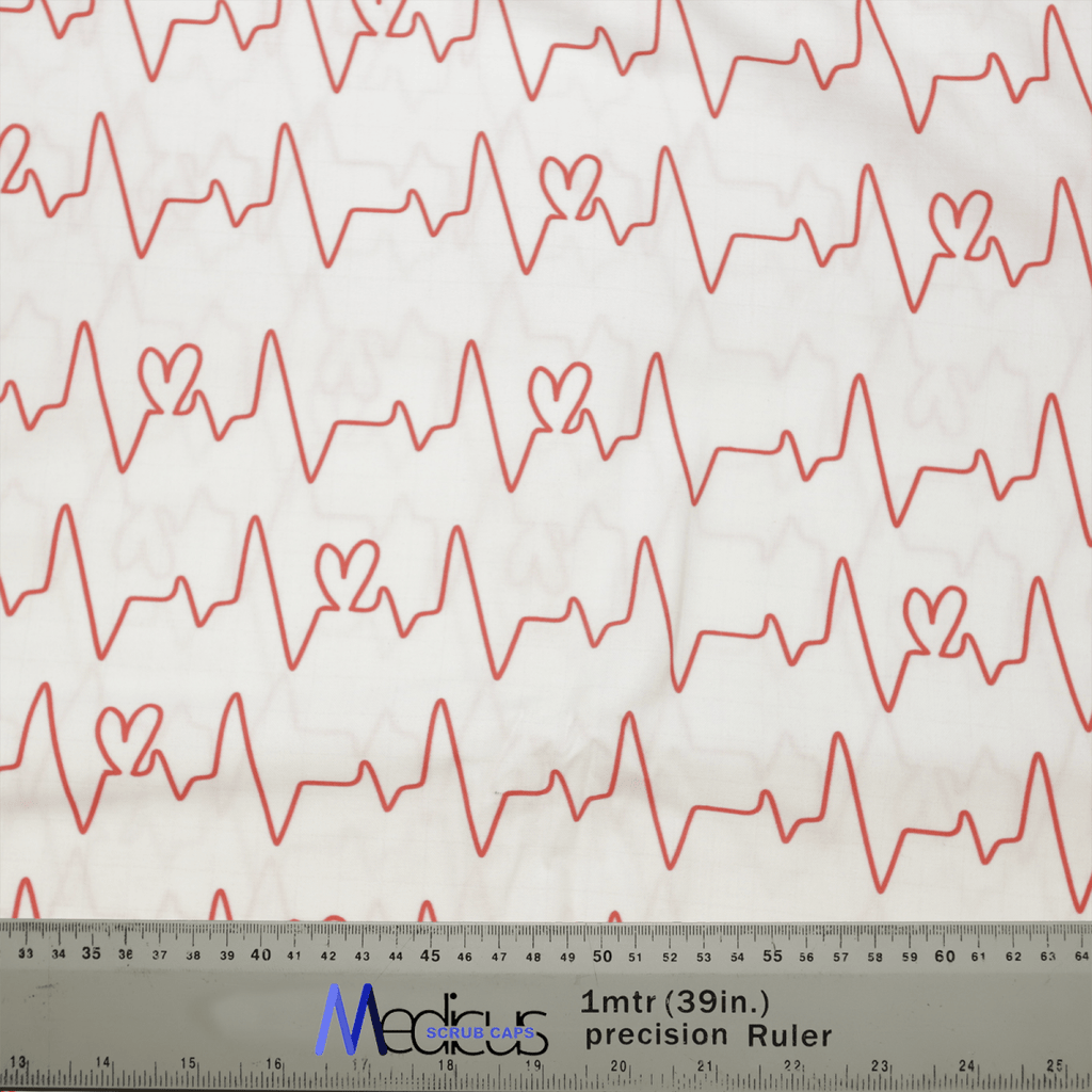 The EKG Heart Monitor #1 White Scrub Cap from Medicus Scrub Caps features a red heart monitor pattern on white fabric, perfect for healthcare professionals.