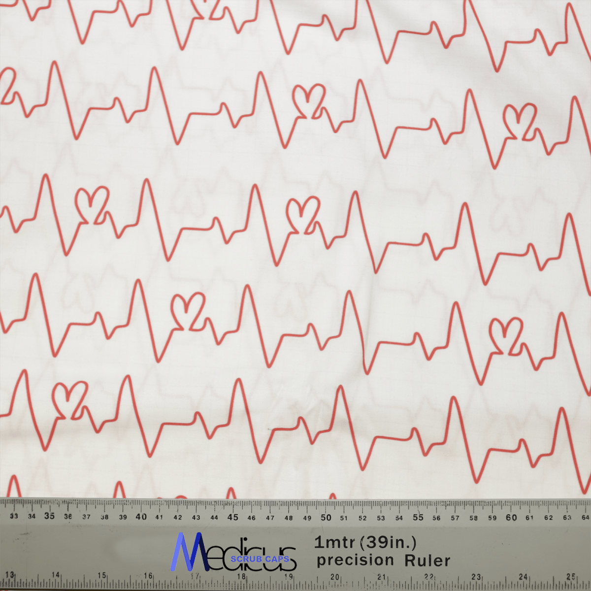 The EKG Heart Monitor #1 White Scrub Cap from Medicus Scrub Caps features a red heart monitor pattern on white fabric, perfect for healthcare professionals.