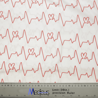 The EKG Heart Monitor #1 White Scrub Cap from Medicus Scrub Caps features a red heart monitor pattern on white fabric, perfect for healthcare professionals.