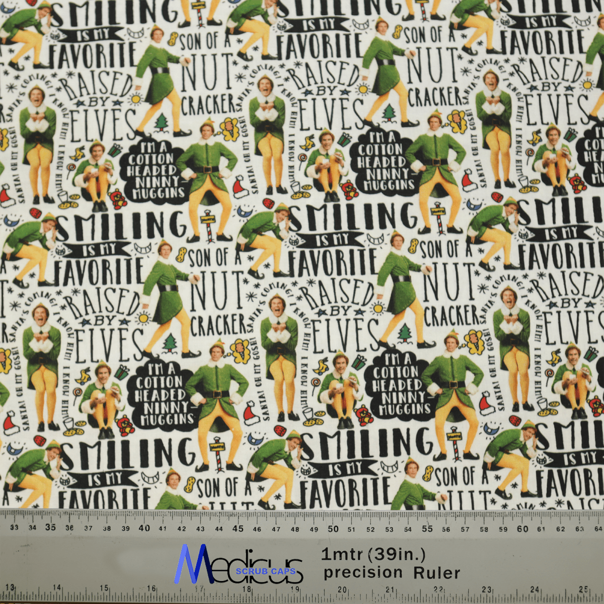 The Elf The Movie Scrub Cap by Medicus Scrub Caps combines whimsical design and festive cheer with playful elves, quotes like Raised by elves and Smiling is my favorite, and a ruler at the bottom for measurement, all reminiscent of Elf The Movie.