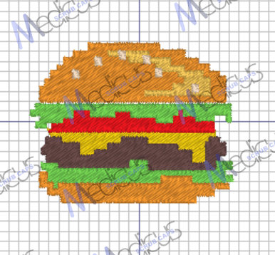 The 8-Bit Gaming Burger cross-stitch pattern by Medicus Scrub Caps features a hamburger with bun, lettuce, tomato, cheese, meat patty, and sesame seeds on a grid background—ideal for customized embroidery on scrub caps.