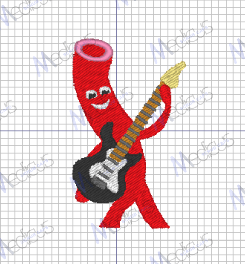 An illustration of a red, tube-shaped character with a smile and electric guitar stands on a gridded background featuring subtle Magic embroidery, enhancing the scene. This design is part of the Embroidery - Artery Guitar Hero scrub cap collection by Medicus Scrub Caps.