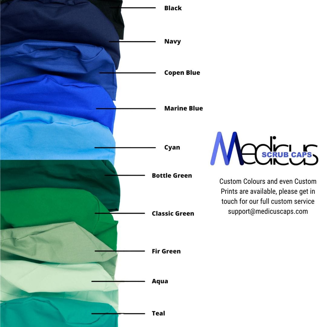 A vertical row of fabric samples in Black, Navy, Copen Blue, Marine Blue, Cyan, Bottle Green, Classic Green, Fir Green, Aqua & Teal for custom embroidered Artery Guitar Hero Scrub Cap by Medicus Scrub Caps. Logo & contact info are on the right.