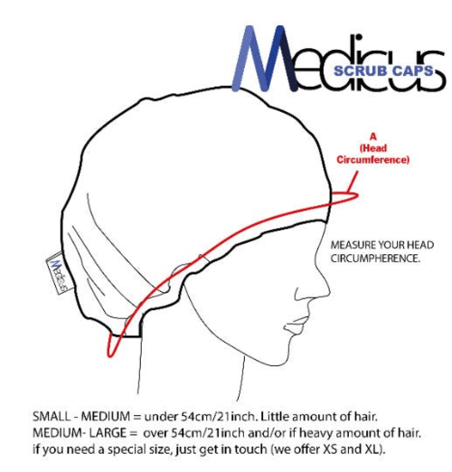 A person wears the Medicus Scrub Caps Embroidery - Astronaut reusable scrub cap. Instructions illustrate measuring head circumference along a red line; Small-Medium fits under 54cm, Medium-Large fits over 54cm. XS and XL sizes available upon request.